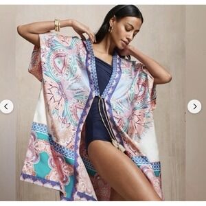 Chico's Medalian Ruana Kimono Swim Cover Wrap L/XL 100% Silk Tropical Beach Boho
